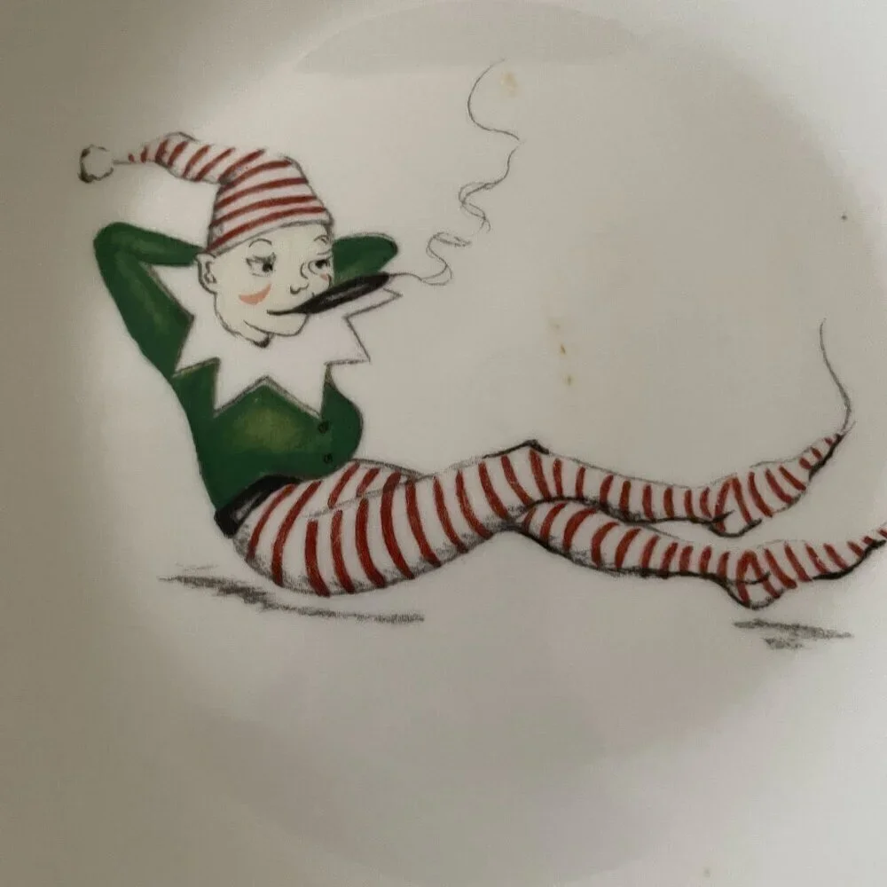 Restoration Hardware Christmas Naughty Elf 6 Salad Plates Boxed RARE Vintage